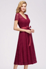 Bridelily Burgundy Short Sleeves Flower Lace Vneck Dresses with Sash