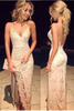 Bridelily Champagne Lace SpaghettisStraps Side Slit OpenBack Sheath Prom Dresses