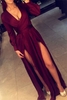 Bridelily Deep Vneck Burgundy Evening Dresses 2019 Long Sleeve Sexy Prom Gowns with Splits CE0060