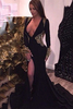 Bridelily Deep Vneck Sexy Black Evening Dresses Gold Lace 2019 Party Dresses with Slit CE086