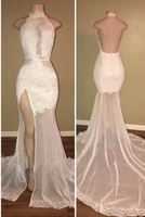 Bridelily Elegant Lace Backless Prom Dresses High Neck Backless Mermaid Evening Gowns