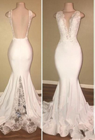 Bridelily Elegant Long Mermaid Prom Dresses VNeck Backless Lace Evening Gowns
