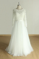 Bridelily Elegant Long Sleeve Lace Tulle Aline Wedding Dress