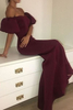 Bridelily Elegant Maroon Mermaid Prom Dresses Short Puffy Sleeves Formal Dresses