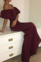 Bridelily Elegant Maroon Mermaid Prom Dresses Short Puffy Sleeves Formal Dresses
