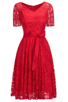 Bridelily Elegant Vneck Short Sleeves Lace Dresses with Bow Sash