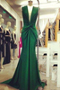 Bridelily Emerald Green Mermaid Evening Gowns 2019 Deep V Neck Ruched Sexy Long Prom Dresses