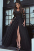 Bridelily Glamorous Black LongSleeve Lace Slit Evening Dress