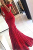Bridelily Glamorous Offtheshoulder Lace Appliques Red Mermaid Evening Dress