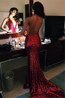 Bridelily Glamorous Sequins Backless Mermaid VNeck Prom Dress