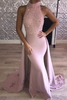 Bridelily Glittering Pink Mermaid Prom Dresses High Neck Evening Gown with Overskirt