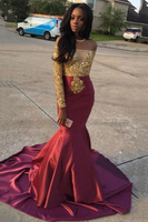 Bridelily Gold Lace Appliques Off The Shoulder Evening Gowns Long Sleeve Mermaid 2019 Prom Dress CE0071