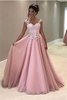 Bridelily Gorgeous Pink Lace Appliques VNeck ALine CapSleeves Prom Dress
