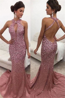 Bridelily Halter Sleeveless Backless Sweeptrain Sequins Mermaid Evening Dresses
