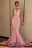 Bridelily Halter Vneck Mermaid Beading Prom Dress 2019 Sexy Backless Pink Evening Dress with Long Train