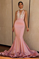 Bridelily Halter Vneck Mermaid Beading Prom Dress 2019 Sexy Backless Pink Evening Dress with Long Train