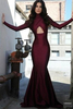 Bridelily High Collar Sexy Long Sleeve Evening Dress Burgundy Mermaid Open Back Formal Occasion Dress