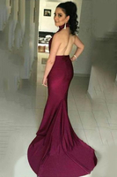 Bridelily High Collar Simple Burgundy Evening Dress Halter Open Back Sleeveless Prom Dress