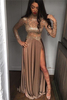 Bridelily High Neck Champagne Gold Sexy Evening Dress Splits Long Sleeve Illusion Prom Dress 2019 FB0061