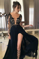 Bridelily Long Sleeves Black SideSlit ALine Prom Dresses