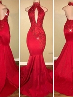 Bridelily Mermaid Halter Sleeveless SweepBrush Train With Applique Satin Dresses