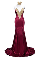 Bridelily Mermaid High Neck FrontSplit Burgundy Lace Appliques Prom Dresses