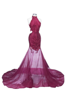 Bridelily Mermaid HighNeck Burgundy SheerTulle Lace Appliques Prom Dresses