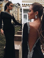 Bridelily Mermaid Long Sleeves OneShoulder Spandex With Beading FloorLength Dresses