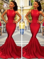 Bridelily Mermaid Sleeveless Jewel Court Train Satin Dresses