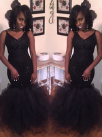 Bridelily Mermaid Sleeveless VNeck FloorLength Sequin Tulle Dresses
