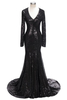 Bridelily Mermaid VNeck Long Sleeves Black Sequins Prom Dresses