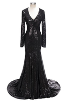 Bridelily Mermaid VNeck Long Sleeves Black Sequins Prom Dresses