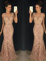 Bridelily Mermaid VNeck Sleeveless Lace SweepBrush Train Dresses