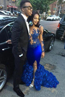 Bridelily Modern Long Sleeve Royal Blue Prom Dresses 2019 Mermaid Woemns Party Gowns BK0