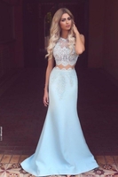 Bridelily New Arrival Two Pieces Mermaid Lace Applqiues Prom Dresses Sleeveless