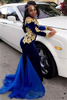 Bridelily Off The Shoulder Gold Lace Prom Dress 2019 Royal Blue Velvet Sexy Evening Gown FB0321