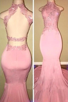 Bridelily Pink HighNeck Mermaid OpenBack Long Prom Dresses