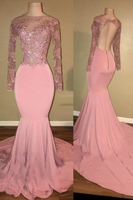 Bridelily Pink LongSleeves Backless Beaded Mermaid Shiny Prom Dresses