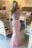 Bridelily Pink OfftheShoulder LongSleeves Pearls Lace Mermaid Long Prom Dresses