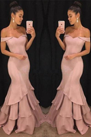 Bridelily Pink OfftheShoulder Mermaid Prom Dresses 2019 Tiered Simple Evening Gowns SK0118GA0