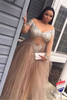 Bridelily PlusSize Stunning LongSleeve Tulle Split Crystal Prom Dress