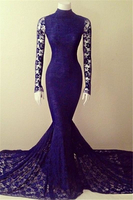 Bridelily Purple Lace Sexy Party Dresses Long Sleeve High Collar 2019 Evening Gowns