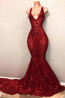 Bridelily Red Sequins Shiny VNeck Mermaid Long Prom Dresses