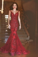 Bridelily Red Sexy Crystal Mermaid Evening Dress Vintage Spaghetti Strap Tulle Long Formal Occasion Dress