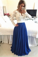 Bridelily Royal Blue Lace V Neck Popular Evening Dress with Long Sleeve Pearl Belt Long Prom Dresses BMT017