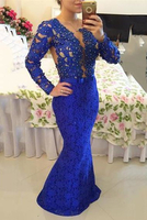 Bridelily Royal Blue Long Sleeves Lace Evening Gowns 2019 Mermaid Sheer Illusion Prom Dresses