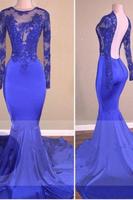 Bridelily RoyalBlue LongSleeves OpenBack Mermaid Shiny Sheer Prom Dresses