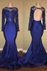 Bridelily RoyalBlue Mermaid LongSleeves Beaded RufflesSkirt Prom Dresses