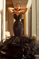 Bridelily Sexy Black 2019 Evening Dress Lace Mermaid Ruffles Prom Dress