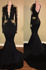 Bridelily Sexy Black LongSleeve Lace Mermaid Zipper Prom Dress